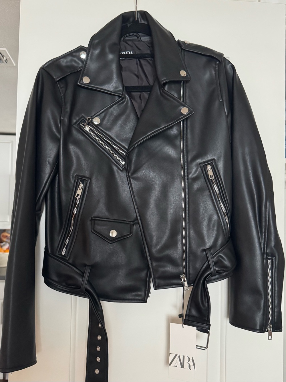 Zara Black Faux Leather Biker Jacket with Belt